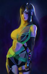 Rule 34 | 1girl, absurdres, alternate costume, alternate universe, arms behind back, asymmetrical clothes, belt, black hair, breasts, charmiisan, commentary, cyberpunk, elbow gloves, english commentary, final fantasy, final fantasy vii, fingerless gloves, gloves, halterneck, highres, holding own arm, large breasts, lips, lipstick, long hair, low-tied long hair, makeup, materia, multiple belts, navel, neon trim, nose, o-ring, red eyes, sidelighting, single thighhigh, sleeveless, solo, swept bangs, thigh strap, thighhighs, tifa lockhart