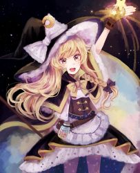 Rule 34 | 1girl, adapted costume, belt, blonde hair, braid, candy, capelet, corset, crescent, crescent pin, dress, fingerless gloves, food, gloves, hair ribbon, hat, jar, kirisame marisa, konpeitou, long hair, looking up, mozukuzu (manukedori), open mouth, outstretched hand, ribbon, sky, smile, solo, star (sky), star (symbol), starry sky, touhou, witch hat, yellow eyes