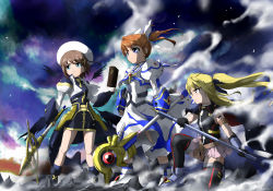Rule 34 | 3girls, armor, armored dress, ban (777purin), bardiche (bullova form) (nanoha), bardiche (nanoha), belt, beret, black cape, black dress, black footwear, black gloves, black legwear, black leotard, black ribbon, black wings, blonde hair, blue eyes, boots, bracelet, brown belt, brown hair, cape, capelet, closed eyes, cloud, cloudy sky, commentary, debris, dress, fate testarossa, fate testarossa (lightning form) (2nd), feathered wings, fingerless gloves, frown, gloves, greaves, grey footwear, hair ornament, hair ribbon, hat, holding, holding staff, holding weapon, jacket, jewelry, juliet sleeves, leotard, long dress, long hair, long sleeves, looking to the side, lyrical nanoha, magical girl, mahou shoujo lyrical nanoha, mahou shoujo lyrical nanoha a&#039;s, mahou shoujo lyrical nanoha the movie 2nd a&#039;s, miniskirt, multiple girls, multiple wings, night, night sky, on one knee, pants, pink skirt, pleated skirt, puffy sleeves, raising heart, raising heart (accel mode) (2nd), red capelet, red eyes, ribbon, schwertkreuz, short dress, skirt, sky, sleeveless, smoke, socks, staff, standing, takamachi nanoha, takamachi nanoha (sacred mode) (2nd), thighhighs, tome of the night sky, torn clothes, torn dress, twintails, two-sided fabric, waist cape, weapon, white dress, white footwear, white headwear, white jacket, white ribbon, wind, wings, x hair ornament, yagami hayate