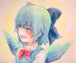 Rule 34 | 1girl, absurdres, blue eyes, blue hair, bow, cirno, hair bow, highres, ice, ice wings, matching hair/eyes, painting (medium), solo, touhou, traditional media, watercolor (medium), wings, yuyu (00365676)