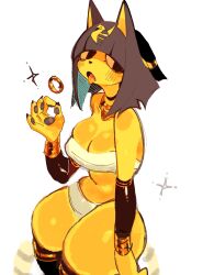 Rule 34 | animal crossing, animal ears, ankha (animal crossing), black eyes, black hair, blush, breasts, cat, cat ears, cat girl, cat tail, cleavage, egyptian, furry, furry female, hair ornament, highres, hime cut, jewelry, large breasts, looking at viewer, medium hair, nintendo, pawpads, ring, snake hair ornament, tail, thighhighs, tongue, tongue out, usa37107692, wide hips