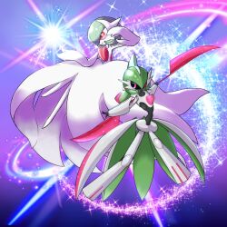 Rule 34 | arm blade, bare shoulders, black sclera, bob cut, closed mouth, colored sclera, colored skin, creatures (company), dress, game freak, gardevoir, gen 3 pokemon, gloves, green hair, hair over one eye, humanoid robot, iron valiant, joints, mega gardevoir, mega pokemon, mohawk, monya, multicolored skin, nintendo, pokemon, pokemon (creature), pokemon sv, red eyes, robot, robot joints, short hair, smile, twintails, two-tone skin, weapon, white skin
