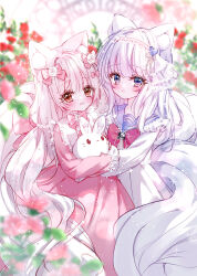 Rule 34 | 2girls, :d, animal, animal ear fluff, animal ears, blue eyes, blue sailor collar, blurry, blurry background, blurry foreground, blush, bow, brown eyes, commentary request, depth of field, dress, flower, grey hair, hair between eyes, hair bow, hair ornament, heart, heart hair ornament, highres, long hair, long sleeves, multiple girls, open mouth, original, pink bow, pink dress, pink flower, puffy long sleeves, puffy sleeves, rabbit, red flower, rose, sailor collar, smile, tandohark, very long hair, white dress, white flower, white rose