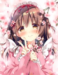 Rule 34 | 1girl, blurry, blurry foreground, blush, braid, brown eyes, brown hair, cherry blossoms, commentary request, flower, frilled sleeves, frills, hair flower, hair ornament, hair ribbon, holding, holding flower, japanese clothes, kimono, kokoa-chan (pan (mimi)), long hair, long sleeves, looking at viewer, maid headdress, nail polish, original, pan (mimi), petals, pink flower, pink kimono, pink nails, red ribbon, ribbon, side braids, smile, solo, upper body, v