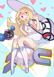 Rule 34 | 1girl, absurdres, ahegao, bag, blonde hair, blunt bangs, blush, boots, braid, cosmog, creatures (company), cross-eyed, dress, electricity, electrostimulation, game freak, gen 1 pokemon, gen 7 pokemon, green eyes, hat, heart, heart-shaped pupils, highres, knee boots, legendary pokemon, lillie (pokemon), long hair, magnemite, nintendo, oop, open mouth, orgasm, panties, pokemon, pokemon (creature), pokemon sm, pussy juice, rolling eyes, sitting, sleeveless, sleeveless dress, sun hat, symbol-shaped pupils, tears, tongue, tongue out, twin braids, underwear, white dress, white hat, white panties