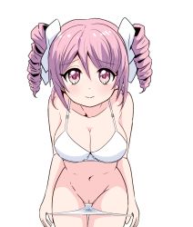 Rule 34 | 1girl, bikini, bikini pull, blush, breasts, cleavage, closed mouth, clothes pull, drill hair, highres, jashin-chan dropkick, large breasts, looking at viewer, pink eyes, pink hair, pino (jashin-chan dropkick), pussy, simple background, smile, solo, swimsuit, white background, white bikini