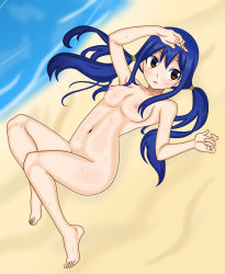 Rule 34 | beach, blue hair, blush, breasts, fairy tail, highres, nipples, open mouth, water, wendy marvell