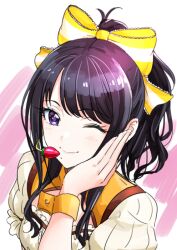 Rule 34 | 1girl, black hair, blush, bow, breasts, closed mouth, dress, frilled dress, frilled ribbon, frills, hair bow, hair ribbon, hand on own face, hand up, headset, idolmaster, idolmaster shiny colors, kazano hiori, long hair, looking at viewer, mole, mole under mouth, one eye closed, pink background, ponytail, puffy short sleeves, puffy sleeves, purple eyes, ribbon, short sleeves, simple background, small breasts, smile, solo, tsukikage oyama, upper body, white dress, yellow ribbon, yellow wrist cuffs