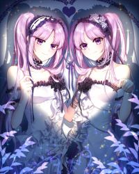 Rule 34 | 2girls, bare shoulders, blush, branch, choker, commentary request, dress, euryale (fate), fate/hollow ataraxia, fate (series), hairband, heart, highres, hm (wonhml), leaf, lolita hairband, looking at viewer, multiple girls, shadow, siblings, sisters, smile, sparkle, star (symbol), stheno (fate), strapless, strapless dress, twins, white dress