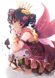 Rule 34 | 1girl, alternate hairstyle, ankle lace-up, barefoot, black nails, blue hair, bracelet, copyright name, cowengium, cross-laced footwear, crown, demon tail, dress, drill hair, fairy wings, flower, gold trim, hair flower, hair ornament, hair stick, hairclip, head rest, highres, jewelry, love live!, love live! school idol festival, love live! sunshine!!, nail polish, petals, pink dress, pink flower, purple eyes, solo, squatting, stuffed animal, stuffed sheep, stuffed toy, tail, thigh strap, toenail polish, toenails, tsushima yoshiko, twin drills, wings