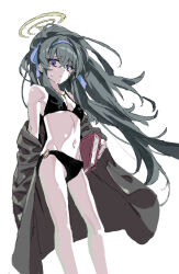 Rule 34 | 1girl, bare shoulders, bikini, black bikini, blue archive, blue eyes, book, breasts, brown coat, closed mouth, coat, feet out of frame, frown, furrowed brow, grey hair, groin, hairband, halo, highres, holding, holding book, jewelry, long hair, looking at viewer, navel, necklace, nobita (makoto7060355), o-ring, o-ring bikini, off shoulder, ponytail, small breasts, solo, standing, sweatdrop, swimsuit, ui (blue archive), ui (swimsuit) (blue archive), very long hair