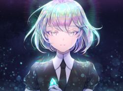 Rule 34 | androgynous, black necktie, collared shirt, crying, crying with eyes open, crystal, diamond (houseki no kuni), elbow gloves, gender request, gloves, holding, houseki no kuni, looking at viewer, multicolored eyes, multicolored hair, necktie, ozzingo, shirt, short hair, short sleeves, solo, sparkle, tears, uniform, white gloves