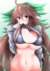 Rule 34 | 1girl, absurdres, ahoge, alternate costume, bikini, bikini top only, bikini under clothes, black bikini, blush, bottomless, bow, breasts, brown hair, clothes lift, g (genesis1556), gradient background, green background, green bow, grey sweater, hair between eyes, hair bow, highres, large breasts, lifted by self, long hair, looking at viewer, mouth hold, navel, out-of-frame censoring, red eyes, reiuji utsuho, skindentation, solo, stomach, sweat, sweater, sweater lift, swimsuit, touhou, very long hair, white background