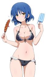 Rule 34 | 1girl, :o, absurdres, bare arms, bikini, black bikini, blue hair, blunt ends, blush, bocchi the rock!, breasts, cleavage, collarbone, commentary, corn dog, cowboy shot, eggman (pixiv28975023), food, frilled bikini, frills, highres, holding, holding food, long hair, medium breasts, mole, mole under eye, navel, open mouth, popsicle, short hair, simple background, solo, standing, swimsuit, textless version, white background, yamada ryo, yellow eyes