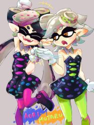 Rule 34 | +++, 2girls, 966, :d, ^ ^, arm up, black dress, black hair, brown eyes, callie (splatoon), character name, closed eyes, commentary request, cowboy shot, detached collar, dress, earrings, fangs, food, food on head, gloves, green legwear, grey background, grey hair, highres, inkling, jewelry, leg up, long hair, looking at another, marie (splatoon), mole, mole under eye, multiple girls, nintendo, object on head, open mouth, pantyhose, pointy ears, purple legwear, shoes, short dress, short hair, short jumpsuit, side-by-side, smile, splatoon (series), splatoon 1, standing, strapless, strapless dress, tentacle hair, white gloves