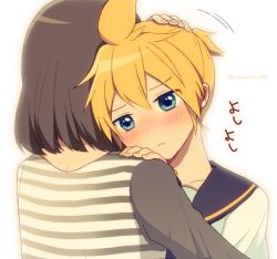 Rule 34 | 1boy, 1girl, black collar, blonde hair, bloom, blue eyes, blush, brown hair, collar, collarbone, comforting, hand on another&#039;s head, hand on another&#039;s shoulder, headpat, hug, kagamine len, light frown, master (vocaloid), motion lines, nail polish, nokuhashi, sailor collar, school uniform, shirt, short hair, short ponytail, simple background, spiked hair, striped clothes, striped shirt, translated, twitter username, upper body, vocaloid, white background, white shirt, yellow nails