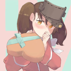 Rule 34 | 1girl, blush, box, brown hair, co botan, covering own mouth, gift, gift box, hair between eyes, hand over own mouth, hat, heart-shaped box, highres, holding, japanese clothes, kantai collection, kariginu, long sleeves, looking at viewer, orange eyes, ryuujou (kancolle), simple background, solo, twintails, two-tone background, upper body, valentine, visor cap