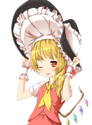 Rule 34 | 1girl, ascot, blonde hair, blush, female focus, flandre scarlet, hat, holding, one eye closed, r0g0b0, red eyes, side ponytail, simple background, solo, tongue, tongue out, touhou, white background, wings, wink, witch hat, wrist cuffs