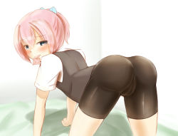 Rule 34 | 10s, 1girl, all fours, ass, bike shorts, blue eyes, blush, cameltoe, condom, condom in mouth, from behind, hair bobbles, hair ornament, kantai collection, looking at viewer, mouth hold, pink hair, ponytail, sekino takehiro, shiranui (kancolle), short hair, solo