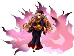 Rule 34 | 1girl, absurdres, baba (baba seimaijo), black dress, chinese clothes, dress, full body, hair ornament, highres, junko (touhou), long hair, long sleeves, open mouth, parody, sash, smile, solo, style parody, tabard, touhou, transparent background, very long hair, wide sleeves