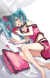 Rule 34 | 1girl, absurdres, apple, bare shoulders, bed sheet, black collar, blue eyes, blue hair, breasts, camisole, cleavage, collar, commentary, curtains, cushion, feet, food, frills, from above, fruit, hatsune miku, highres, holding, holding food, holding fruit, karasu btk, knees up, legs, long hair, looking at viewer, lying, midriff, navel, on side, open mouth, pajamas, petals, pillow, pink camisole, pink skirt, polka dot, polka dot camisole, polka dot skirt, romeo to cinderella (vocaloid), skirt, sleeping, small breasts, solo, spaghetti strap, strap slip, teeth, thighs, twintails, upper teeth only, vocaloid