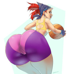 Rule 34 | 1girl, ass, back, bad id, bad pixiv id, ball, bandana, basketball, basketball (object), bent over, bike shorts, female focus, from behind, goggles, goggles on head, guppi, hip focus, huge ass, leaning forward, looking at viewer, looking back, red hair, short twintails, smile, solo, sports bra, sportswear, stormcow, thick thighs, thighs, twintails, wide hips, xtreme sports