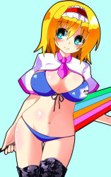 Rule 34 | 1girl, alice margatroid, alternate costume, aqua eyes, blonde hair, blush, boots, breasts, cleavage, clothes writing, female focus, gin (shioyude), hairband, heart, heart-shaped pupils, navel, necktie, race queen, smile, solo, symbol-shaped pupils, thigh boots, thighhighs, touhou, umbrella