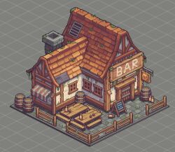 Rule 34 | bar (place), barrel, beer mug, bottle, building, commentary, commission, cup, english commentary, fence, grey background, house, isometric, menu board, mug, no humans, original, pixel art, still life, table, tile roof, yiye
