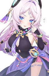 1girl akanbe armlet blue_eyes blue_nails blush bracelet braid breasts citlali_(genshin_impact) collar colored_eyelashes commentary detached_sleeves eyelid_pull facial_mark feathers finger_to_eye fingernails floating_headgear forehead_mark genshin_impact hair_intakes hair_tie headgear highres jewelry large_breasts leotard looking_at_viewer multicolored_necktie nail_polish necktie pink_feathers pink_hair pink_necktie pink_pupils purple_collar purple_feathers purple_leotard purple_necktie purple_skirt purple_sleeves ribbed_leotard ribbed_sleeves ring_hair_ornament simple_background skirt solo thigh_marking thighs tongue tongue_out triangle triangle_facial_mark ura_(hamburg_oniku) v-shaped_eyebrows vision_(genshin_impact) white_background