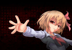 Rule 34 | 1girl, blonde hair, embodiment of scarlet devil, female focus, gradient background, hair ribbon, highres, nekotama shun, outstretched arm, red eyes, ribbon, rumia, short hair, smile, solo, touhou