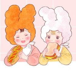 Rule 34 | black eyes, black hair, blonde hair, child, closed mouth, eating, food, food in mouth, gender request, hands up, hot dog, open mouth, original, pink shirt, sandwich, shirt, smile, yellow shirt, yoovora