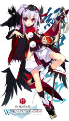 Rule 34 | 1girl, bird, bird wings, black wings, crow, detached sleeves, geta, hat, hat ribbon, head wings, hip vent, japanese clothes, long sleeves, looking at viewer, map, open mouth, original, polearm, pom pom (clothes), red eyes, ribbon, seashell, shell, shirokitsune, shirt, shorts, side slit, silver hair, smile, solo, standing, standing on one leg, tengu, tokin hat, weapon, wide sleeves, wings