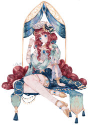 Rule 34 | 1girl, aqua nails, aqua scarf, arm ribbon, blue eyes, blush, bracelet, brooch, closed mouth, commentary request, crossed legs, full body, genshin impact, harem outfit, high heels, highres, horns, itogawa mio, jewelry, kneehighs, long hair, looking at viewer, nail polish, nilou (genshin impact), red hair, ribbon, scarf, signature, single sleeve, sitting, socks, tassel, very long hair, vision (genshin impact), white background, white headwear, white socks, yellow footwear