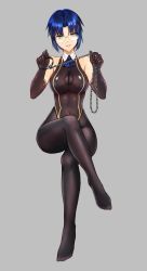 Rule 34 | axia-chan, bare shoulders, barefoot, black leotard, blue eyes, blue hair, bodystocking, breasts, chain, chain leash, ciel (tsukihime), collar, crossed legs, dominatrix, glasses, gloves, highres, hip focus, large breasts, leash, leotard, navel, necktie, pantyhose, shiny clothes, short necktie, smile, thighs, tsukihime