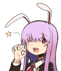 Rule 34 | 1girl, :d, animal ears, boa (brianoa), ear down, eyes visible through hair, hand up, highres, long hair, long sleeves, looking at viewer, necktie, ok sign, one eye closed, open mouth, purple hair, rabbit ears, red eyes, red necktie, reisen udongein inaba, round teeth, simple background, smile, solo, star (symbol), teeth, touhou, upper teeth only, white background