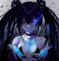 Rule 34 | 1girl, absurdres, bikini, black bikini, black choker, black hair, black rock shooter, black rock shooter (character), blue eyes, breasts, choker, cleavage, closed mouth, collarbone, flaming eye, grey background, hair between eyes, heterochromia, highres, long hair, looking at viewer, qian deng bai wang, small breasts, solo, spaghetti strap, swimsuit, twintails, upper body