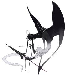 Rule 34 | animal feet, black hair, black wings, creature, highres, holding, holding weapon, kamikiririp, no humans, original, solo, weapon, white background, white tail, winged arms, wings