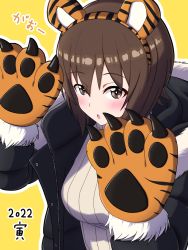 Rule 34 | 1girl, 2022, animal ears, animal hands, black collar, blush, brown eyes, brown hair, chinese zodiac, claw pose, coat, collar, fake animal ears, fur-trimmed coat, fur trim, girls und panzer, gloves, hachiko (kota091986), highres, looking at viewer, new year, nishizumi maho, open clothes, open coat, open mouth, orange gloves, outline, paw gloves, short hair, solo, sweater, tiger ears, turtleneck, upper body, white outline, white sweater, year of the tiger, yellow background