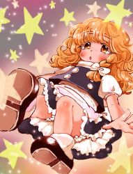 Rule 34 | 1girl, :o, apron, bad id, bad pixiv id, blonde hair, bloomers, blush stickers, bobby socks, bow, braid, buttons, chibi, female focus, foreshortening, freckles, hair bow, high collar, kirisame marisa, leaning, leg up, long hair, looking away, no headwear, open hand, outstretched arms, shoes, short sleeves, single braid, sitting, skirt, sky, socks, solo, star (sky), star (symbol), starry sky, touhou, tsuga, underwear, vest, white socks, yellow eyes