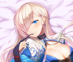 Rule 34 | 1girl, ainrichman, azur lane, bad id, bad pixiv id, belfast (azur lane), belfast (iridescent rosa) (azur lane), belfast (iridescent rosa) (azur lane), black gloves, blue eyes, braid, breasts, broken, broken chain, center opening, chain, cleavage, commentary, earrings, french braid, gloves, hair over one eye, jewelry, large breasts, long hair, official alternate costume, partially fingerless gloves, silver hair, upper body