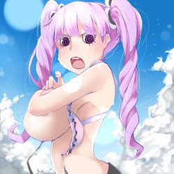 Rule 34 | 1girl, breasts, covering privates, covering breasts, drill hair, female focus, himegami, large breasts, lipstick, long hair, looking at viewer, makeup, one piece, open mouth, perona, pink hair, purple eyes, sky, solo, twin drills, twintails