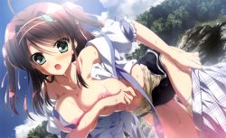 Rule 34 | 1girl, :o, absurdres, areola slip, bent over, blouse, blue sky, blush, breasts, brown hair, clothes pull, day, forest, game cg, green eyes, highres, huge filesize, large breasts, minakawa sui, natsuzora no perseus, nature, nipples, one-piece swimsuit, one-piece swimsuit pull, open clothes, open shirt, outdoors, plant, shirt, skirt, sky, swimsuit, swimsuit under clothes, takasaki mako, thigh gap, tree, twintails, underwear, undressing, wardrobe malfunction, white shirt, white skirt