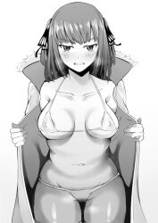 Rule 34 | 1girl, absurdres, areola slip, bikini, breasts, breasts apart, clenched teeth, coat, collarbone, commentary, covered erect nipples, embarrassed, english commentary, exhibitionism, flashing, go-toubun no hanayome, greyscale, highres, kuronoir99, large breasts, micro bikini, mixed-language commentary, monochrome, nakano nino, navel, open clothes, open coat, public indecency, short hair, solo, swimsuit, teeth, white background