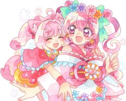 Rule 34 | 2girls, ahoge, animal ears, blush, capelet, cat ears, cat girl, commentary request, cone hair bun, cure precious, cure precious (party up style), delicious party precure, earrings, hair bun, head wreath, highres, japanese clothes, jewelry, kayori (kyr 28), kimono, kome-kome (precure), kome-kome (precure) (human), long hair, magical girl, multiple girls, nagomi yui, open mouth, pink hair, precure, purple eyes, short kimono, smile, thick eyebrows, twintails, two side up