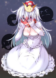 Rule 34 | 1girl, blush, body blush, boo (mario), breasts, cleavage, commentary request, covered navel, dress, earrings, elbow gloves, embarrassed, fang, frilled dress, frilled gloves, frilled sleeves, frills, full body, gloves, hair between eyes, hands on own cheeks, hands on own face, highres, jewelry, long bangs, long dress, long hair, looking at viewer, luigi&#039;s mansion, mario (series), medium breasts, narumiya (narumiya), new super mario bros. u deluxe, nintendo, nose blush, open mouth, pink eyes, princess king boo, raised eyebrows, red brooch, seiza, short sleeves, sitting, solo, super crown, white dress, white gloves, white hair
