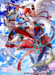 Rule 34 | 1girl, ass, boots, company connection, copyright name, dress, fire emblem, fire emblem cipher, fire emblem fates, garter straps, gloves, hinoka (fire emblem), holding, holding weapon, mayo (becky2006), naginata, nintendo, open mouth, pegasus, pegasus knight uniform (fire emblem), petals, polearm, red eyes, red hair, scarf, serious, short dress, short hair, solo, thigh boots, thighhighs, thighs, weapon, wings, zettai ryouiki