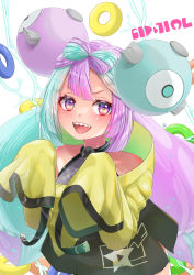 Rule 34 | 1girl, :d, absurdres, blush, character hair ornament, commentary request, creatures (company), eyelashes, game freak, green hair, grey shirt, hair ornament, hands up, highres, iono (pokemon), jacket, long hair, looking at viewer, multicolored hair, nintendo, open mouth, pokemon, pokemon sv, purple hair, sasami hachi, sharp teeth, shirt, sleeveless, sleeveless shirt, smile, solo, teeth, tongue, two-tone hair, upper teeth only, yellow jacket