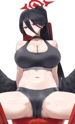 Rule 34 | 1girl, absurdres, black choker, black hair, black sports bra, black wings, blue archive, blush, breasts, choker, cleavage, closed mouth, halo, hasumi (blue archive), highres, large breasts, long hair, looking at viewer, mole, mole under eye, navel, ponytail, red eyes, red halo, simple background, sitting, siu hing5262, solo, sports bra, thighs, very long hair, white background, wings