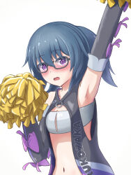 Rule 34 | absurdres, alice gear aegis, armpits, artist request, bandeau, blue hair, blush, breasts, cheerleader, detached sleeves, glasses, highres, itokura neo, navel, open clothes, open mouth, pom pom (cheerleading), purple eyes, purple ribbon, ribbon, simple background, small breasts, white background, white bandeau