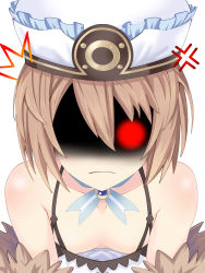 Rule 34 | 1girl, ^^^, absurdres, angry, bare shoulders, blanc (neptunia), blush, breasts, brown hair, choujigen game neptune, cleavage, collarbone, downblouse, dress, en-sof, frown, fur trim, glowing, glowing eye, hair between eyes, hat, highres, looking at viewer, medium hair, neptune (series), no bra, shaded face, simple background, small breasts, solo, spaghetti strap, upper body, white background, white dress